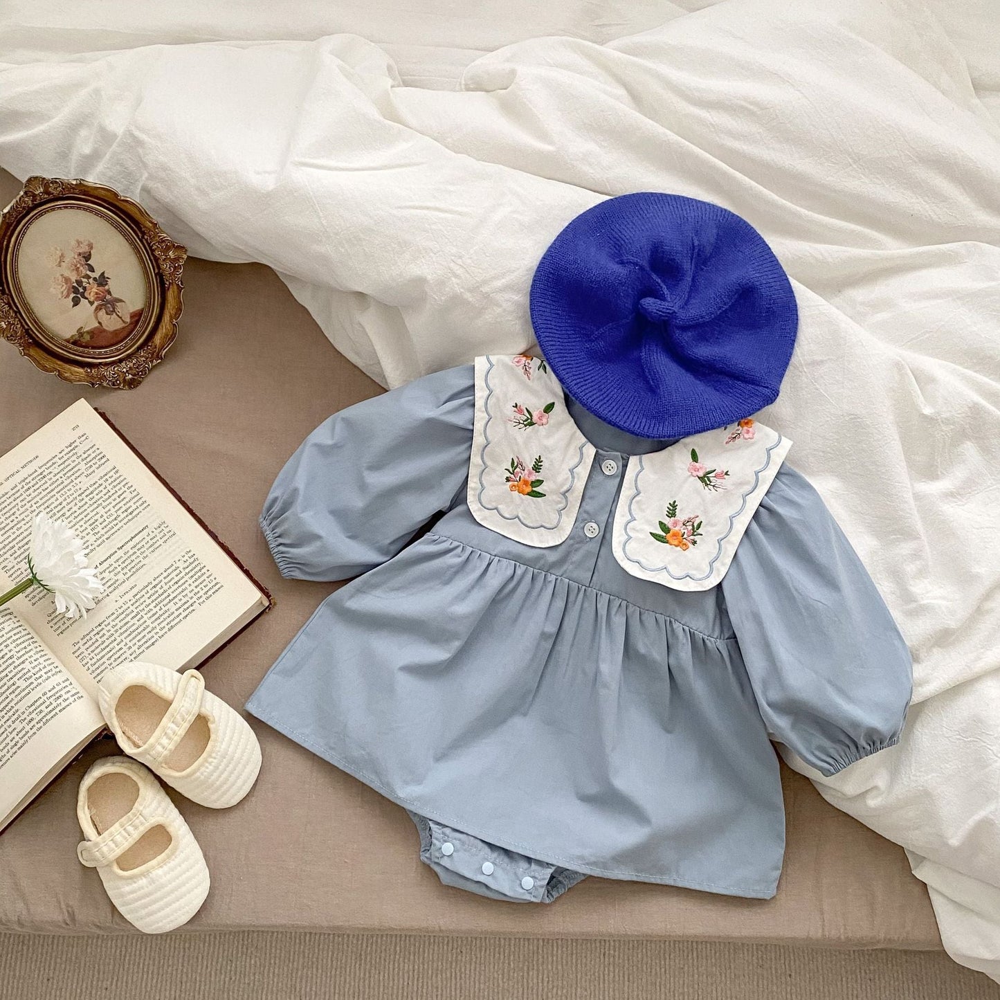 Sky Blossom Embroidered Romper