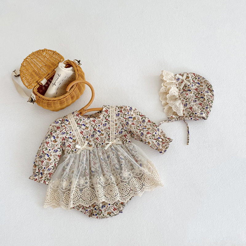 Spring/Autumn Baby Girls Floral And Fruits Print Lace Mesh Princess Onesie Dress
