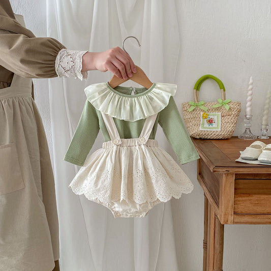 Spring Baby Kids Girls Solid Color Overalls Onesies Dress And Long Sleeves Top Clothing Set