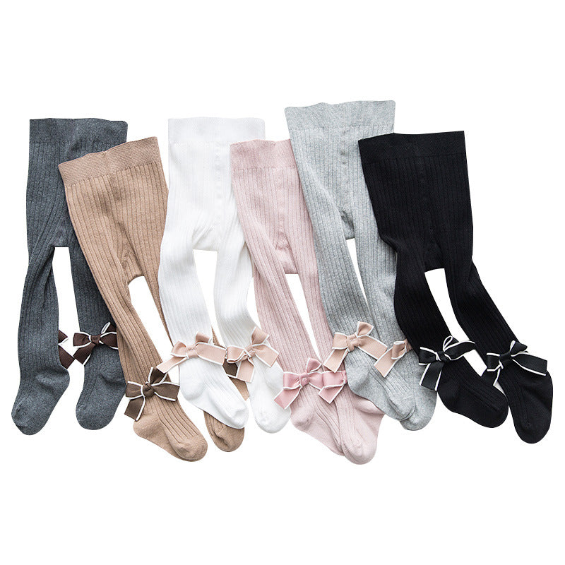 Baby Girls Kids Solid Color Striped Pattern Design Double Bows Pantyhose